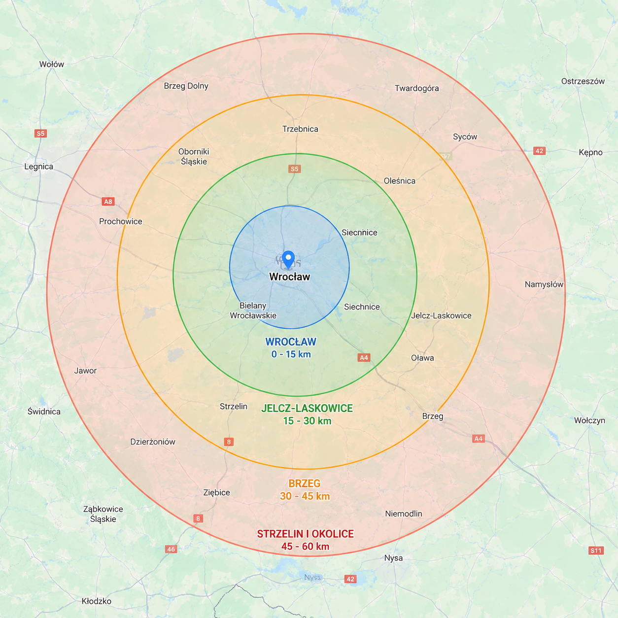 Mapa obszaru działania EKLIMATYZACJE.PL: Wrocław 0–15 km, Jelcz-Laskowice 15–30 km, Brzeg 30–45 km, Strzelin i okolice 45–60 km